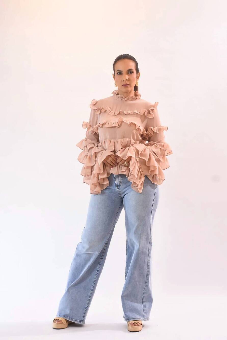 NEW BEULAHSTYLE sheer ruffle blouse in pink